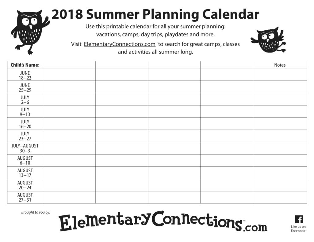 2018 Summer Planning Calendar