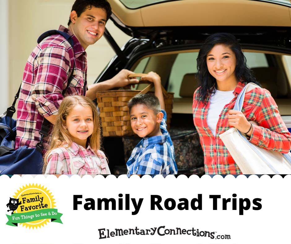Elementary Connections family road trips graphic with family loading a car