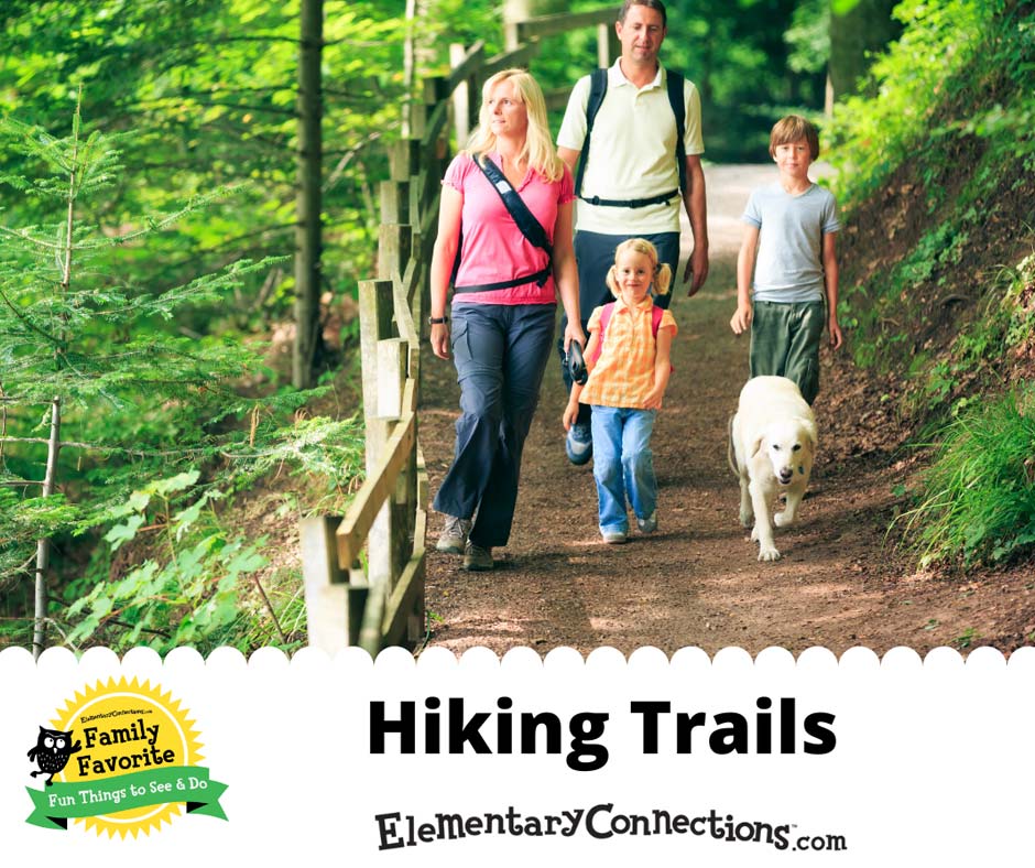 Elementary Connections hiking trails graphic with family hiking in the woods