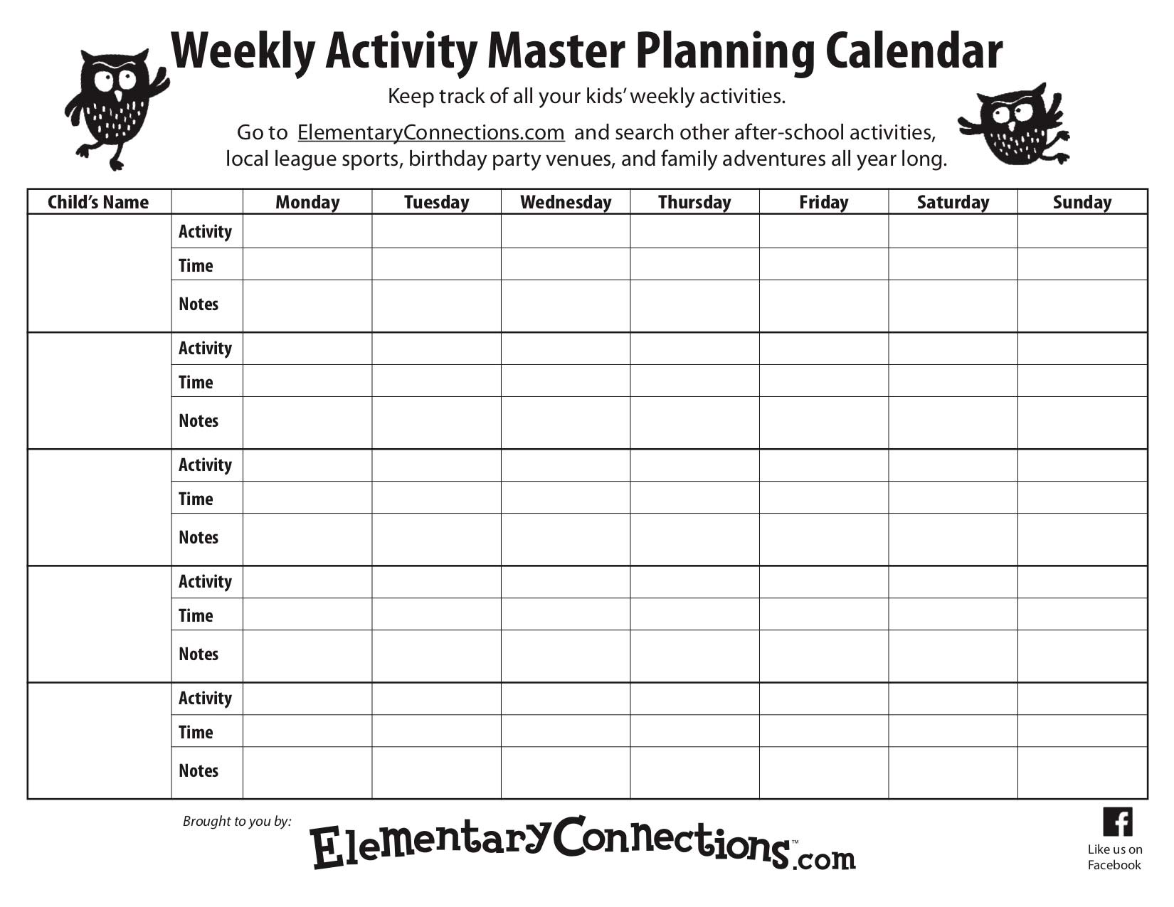 Graphic showing the Elementary Connections weekly activity master planning calendar